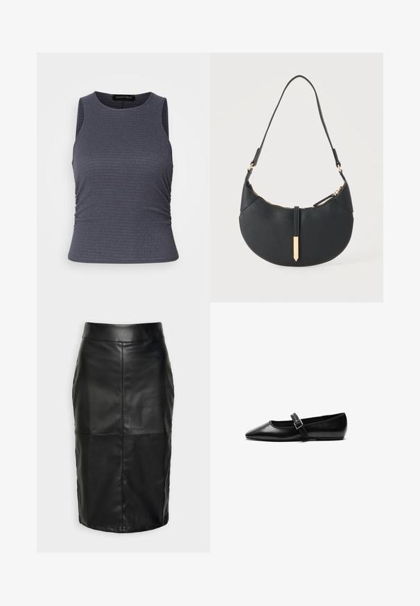 Haut sans manches gris foncé en tissu texturé, avec un col rond et des détails froncés sur les côtés pour un look ajusté.; Jupe en cuir noir avec une texture lisse, présentant une taille haute et des coutures piquées qui créent une silhouette structurée et discrète.; Chaussure noire plate en cuir avec un bout pointu, bride réglable avec une boucle en métal, texture lisse et design minimaliste.; Sac à main noir en forme de croissant avec une bandoulière unique, une fermeture éclair dorée et une languette décorative rectangulaire dorée à l'avant.