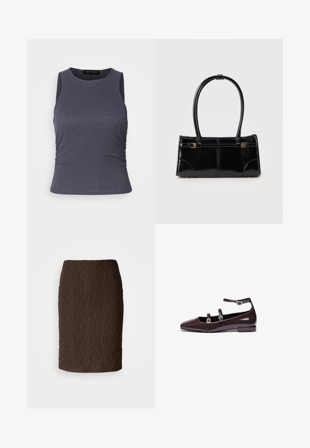 Mørkegrå ærmeløs top lavet af tekstureret stof, med en rund neckline og samlinger i siderne for et tætsiddende look.; Brun knælang nederdel lavet af tekstureret stof med en krøllet overflade. Har et tætsiddende design og ingen synlige lukninger eller accenter.; Brune patentlæder flade sko med spids tå, der har to justerbare stropper og sølvspænder samt en lav, firkantet hæl.; Glansfuld sort rektangulær håndtaske med to tynde skulderremme og små guldbeslag foran.