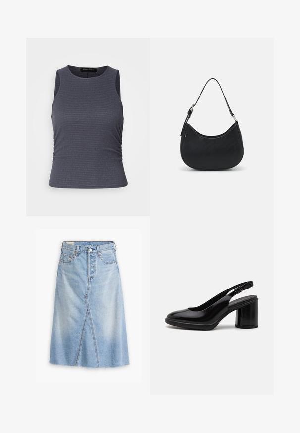 Dunkelgraues, ärmelloses Top aus strukturiertem Stoff mit rundem Ausschnitt und Raffungen an den Seiten für eine figurbetonte Passform.; Hellblaues Jeansrock mit geradem Schnitt, vorderem Schlitzdetail, fransigem Saum, Fünf-Taschen-Design und metallenen Hardware-Akzenten.; Schwarze Lackleder Slingback-Absatzschuhe mit runder Spitze und klobigem Blockabsatz. Verfügt über einen verstellbaren Riemen für einen sicheren Sitz.; Schwarze Hobo-Tasche aus glattem Leder mit einer geschwungenen Silhouette, ausgestattet mit einem einzelnen verstellbaren Trageriemen und minimalistischem Design.