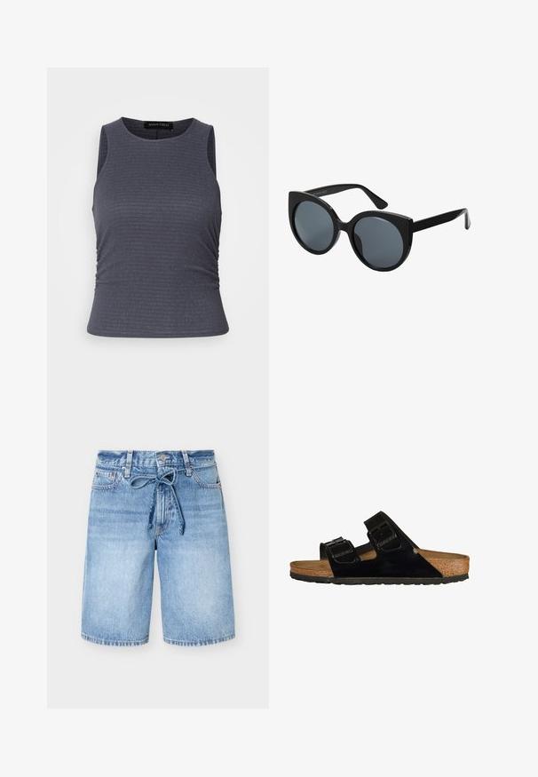 Dunkelgraues, ärmelloses Top aus strukturiertem Stoff mit rundem Ausschnitt und Raffungen an den Seiten für eine figurbetonte Passform.; Midblaue Jeans-Shorts mit hoher Taille, vorderem Knopf, fünf Taschen und gebundenem Stoffgürtel an der Taille.; Schwarze Lackledersandalen mit zwei verstellbaren Riemen, Korkfußbett und Gummisohle, die eine glatte Struktur und ein minimalistisches Design aufweisen.; Schwarze übergroße Sonnenbrille mit Katzenaugenform, dunkel getönten Gläsern und glänzendem Kunststoffrahmen. Verfügt über dicke Bügel für Unterstützung.