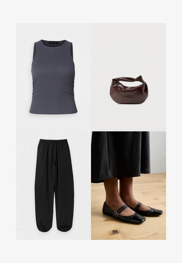 Mørkegrå ærmeløs top lavet af tekstureret stof, med en rund neckline og samlinger i siderne for et tætsiddende look.; Sorte løstsiddende bukser med elastisk taljebånd og elastiske manchetter ved anklerne, vist fladt på en lys baggrund.; Sorte laklæder flade sko med firkantet tå, der har to stropper med spænder. Sålerne er flade på et lyst trægulv.; Mørkebrun læder skuldertaske med en blød, afslappet form og et snoet knudehåndtag på en ensartet hvid baggrund.