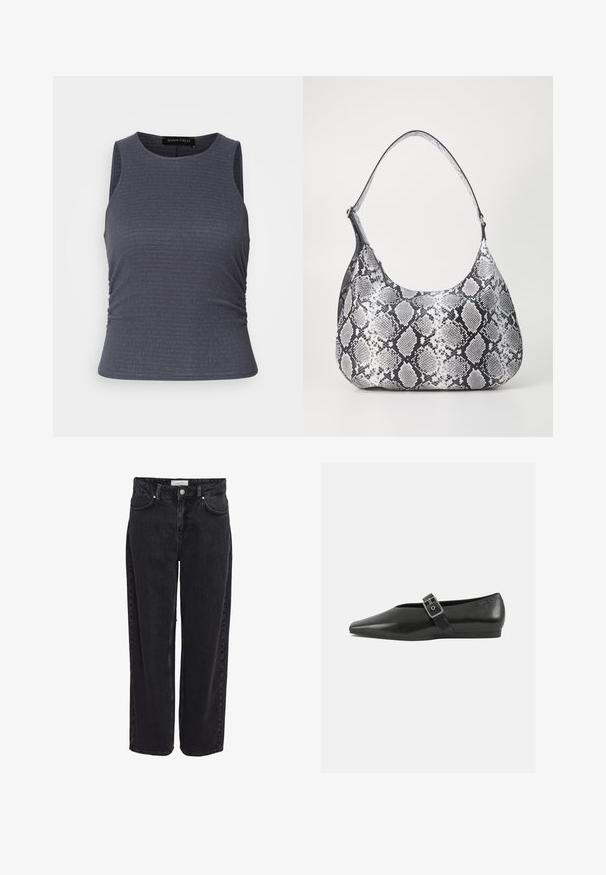 Mørkegrå ærmeløs top lavet af tekstureret stof, med en rund neckline og samlinger i siderne for et tætsiddende look.; Sort denim bukser med vide ben og høj talje, fem-lomme design og lynlåsgylp. Glat tekstur med minimale synlige syningsdetaljer.; Sorte læder flade sko med spidse tæer, prydet med en metallisk spænde over vristen og en lav, fleksibel sål.; Sort-hvid slangemønster skuldertaske med en rund form, glat tekstur og en buet rem. Har et sølvfarvet hardware-accents.