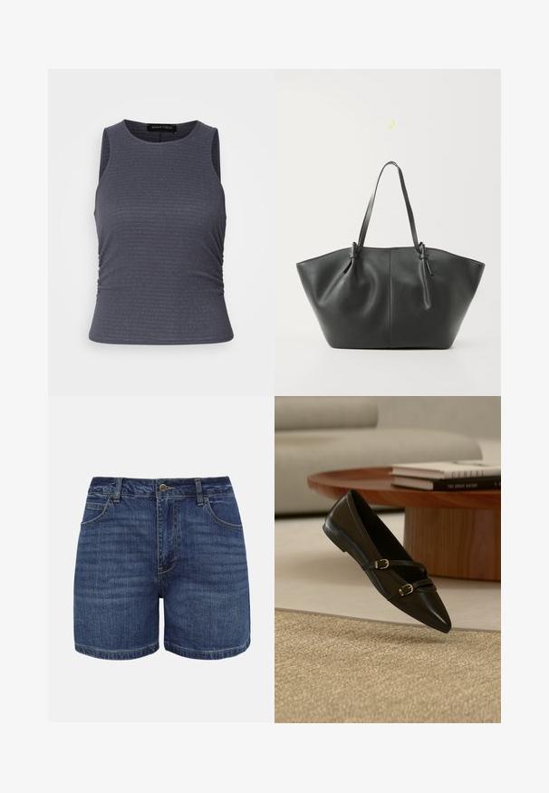 Haut sans manches gris foncé en tissu texturé, avec un col rond et des détails froncés sur les côtés pour un look ajusté.; Shorts en denim bleu foncé avec bouton frontal, fermeture éclair, passants pour ceinture et poches avant, présentés sur un fond blanc.; Chaussure plate noire à bout pointu avec deux fines brides à boucle flottant au-dessus d'un tapis beige, avec une table basse en bois et des livres en arrière-plan.; Vero Moda VMDITTA - Cabas - black