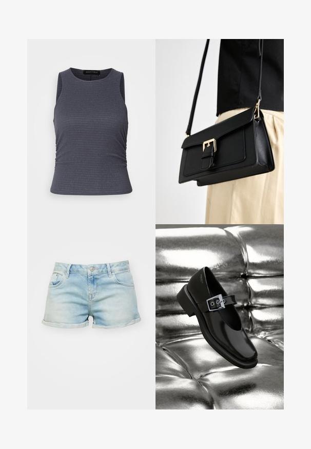 Mørkegrå ærmeløs top lavet af tekstureret stof, med en rund neckline og samlinger i siderne for et tætsiddende look.; Lysblå denim shorts med en slidt finish, opfoldede manchetter, femlommesdesign og en knaplukning i taljen.; Sorte læder Mary Jane sko med firkantet tå, en sølv spænde accent og en chunky lav hæl, sat mod en glansfuld sølv baggrund.; Sort faux læder håndtaske med en guldtonet spænde lukning, flad design og justerbar rem, præsenteret mod en lys baggrund.