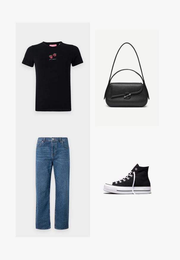 Schwarzes Baumwoll-T-Shirt mit kurzen Ärmeln, Rundhalsausschnitt und gestickten Erdbeeren sowie dem Text "Lass uns entspannen" in Weiß.; Blaue Jeans aus Denim mit geradem Bein und hoher Taille. Zu den Merkmalen gehören Fronttaschen, ein Knopfverschluss und dezente Nähte.; Schwarzer High-Top-Canvas-Sneaker mit weißer Gummisohle und weißen Schnürsenkeln, seitlich dargestellt vor weißem Hintergrund.; Schwarze Lederhandtasche mit abgerundeten Kanten, asymmetrischem Überschlag, metallfarbenem runden Verschluss und kurzen sowie langen Schulterriemen.