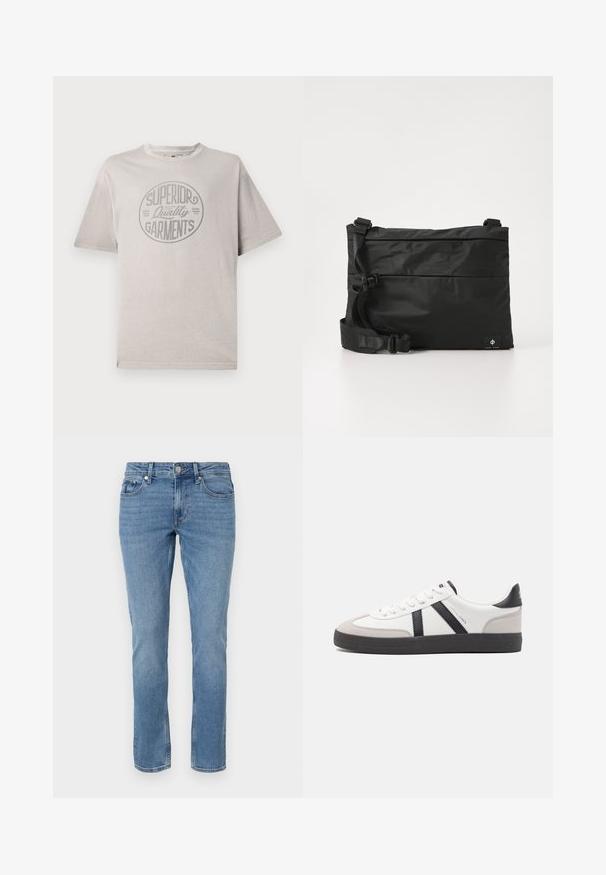 T-shirt gris à manches courtes en coton avec col rond. Dispose d'un graphique circulaire avec l'inscription "Vêtements de qualité supérieure".; Jean en denim bleu à jambes droites avec poches avant, passants de ceinture et fermeture à bouton.; Baskets blanches avec des accents noirs et gris, présentant un embout texturé gris, une semelle en caoutchouc noir et des lacets plats blancs. Design épuré, style minimaliste.; Sac messager en nylon noir avec une sangle réglable, un design plat et une étiquette latérale arborant un logo. Texture lisse et style minimaliste.