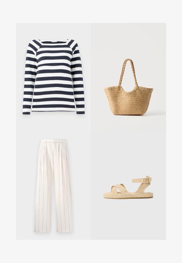 TOM TAILOR STRIPED CARRE NECK - Langærmet T-shirt - lunar eclipse/off white; Plisserede vidbenede bukser i off-white stof med smalle vertikale grå striber. Har en tætsiddende talje og en afslappet pasform gennem benene.; Brune espadrille sandaler med en vævet jutesål, to krydsende stropper og en justerbar ankelrem med en guldbeslag.; Vævet stråtaske med bred bund, flettede håndtag og naturlig beige farve på ensfarvet hvid baggrund.