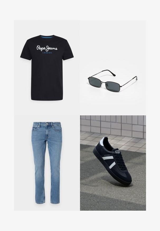 Zwart katoenen T-shirt met een witte scriptlogo "Pepe Jeans" en een blauwe accent, ronde hals en korte mouwen. Eenvoudig, solide ontwerp.; Blauwe rechte spijkerbroek met voorzakken, riemlussen en een knopen sluiting.; Zwarte leren sneaker met witte strepen, een gestructureerde rubberen zool en vetersluiting aan de voorkant. Voorzien van een merklabel op de tong.; Zwarte rechthoekige zonnebril met dun metaal montuur en donkere glazen, liggend op een wit oppervlak.
