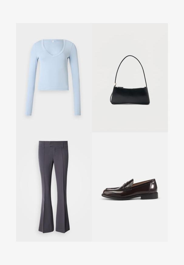 Crop top ajusté à manches longues, col en V, bleu clair, avec une texture unie, présenté sur un fond gris clair neutre.; Pantalons grijs évasés en tissu lisse avec une coupe ajustée, présentant des plis avant et une taille mi-haute.; Mocassin penny pour homme en cuir brun foncé poli avec talon bas et détails cousus sur fond blanc.; Sac à main rectangulaire noir avec une fine bandoulière et fermeture éclair, présenté sur un fond blanc uni.