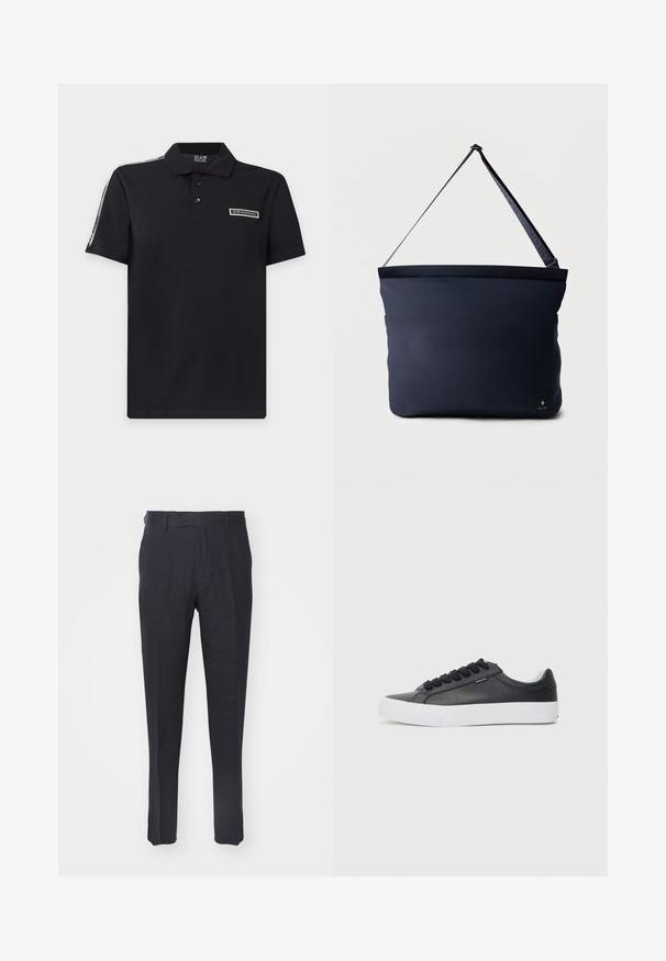 Musta lyhythihainen poolopaita, jossa kolme nappia, EA7 Emporio Armani -logo rinnassa ja merkitty nauha olkapään varrella.; Laivaston housut kevyestä kankaasta, suora leikkaus, tasainen etuosa, vyölenkit ja kaksi sivutaskua. Sileä rakenne.; Mustat nahkakengät valkoisella kumipohjalla, pyöreällä varpaalla ja mustilla nauhoilla. Kenkien pinnassa on sileä tekstuuri ja minimalistinen muotoilu.; Laivastonsininen suorakaiteen muotoinen olkalaukku, jossa säädettävä musta hihna ja pieni musta logotarra alareunan oikeassa kulmassa.