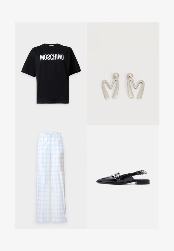 Μαύρο κοντομάνικο T-shirt με λευκό ανάποδο κείμενο "MOSCHINO" εκτυπωμένο στο στήθος με έντονα κεφαλαία γράμματα.; Φανελένιο παντελόνι πιτζάμας σε γαλάζιο και άσπρο καρό, με ελαστική μέση και κορδόνι, παρουσιάζονται σε απλό λευκό φόντο.; Μαύρο λουστρίνι μυτερό φλατ παπούτσι με διπλά ασημένια λουράκια με αγκράφες και πίσω λουράκι που στηρίζει τη φτέρνα σε λευκό φόντο.; Ζευγάρι ασημί μεταλλικά σκουλαρίκια σε σχήμα γωνιώδους γράμματος Μ με στρογγυλεμένους ακροδέκτες σε λευκό φόντο.