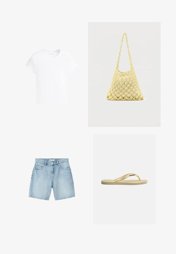 T-shirt court blanc uni à manches courtes avec col rond, présenté sur fond blanc.; Short en denim bleu clair avec un design cinq poches, passants de ceinture, fermeture par bouton et bords d'ourlet bruts.; Tongs beige unique avec semelle texturée et fines brides, arborant un petit logo de marque doré sur la bride.; Sac en filet macramé jaune avec longue bandoulière et pochette beige à l'intérieur, présenté sur un fond blanc uni.