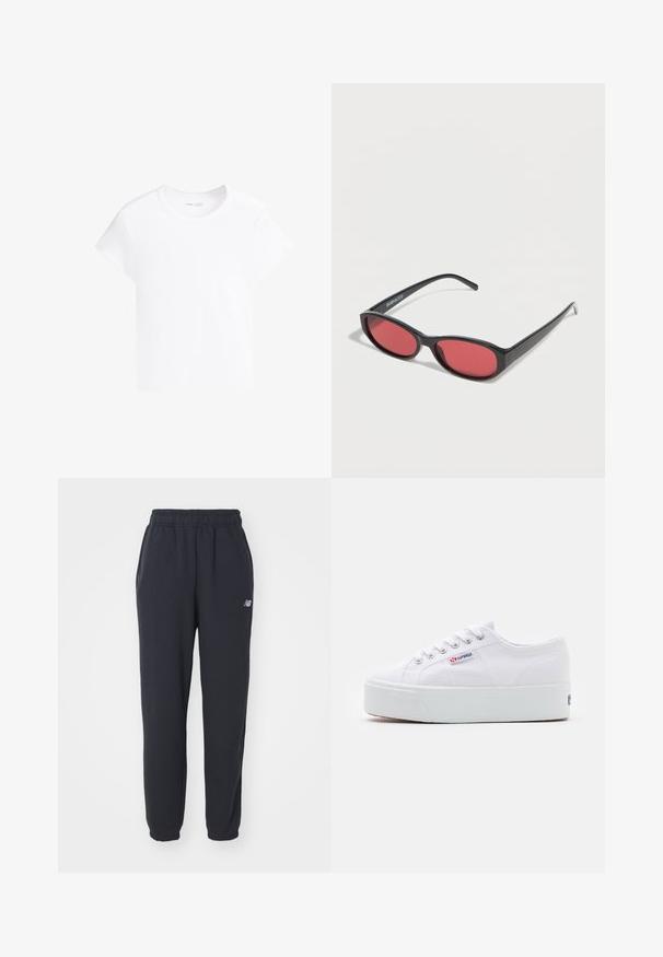 Simpel hvid kortærmet cropped t-shirt med rund halsudskæring, vist på en hvid baggrund.; Sorte sweatpants med elastisk talje, to sidelommer og et lille hvidt logo på venstre hofte. Fremstillet af blødt stof med en glat overflade.; Hvide canvas sneakers med en tyk hvid platformssål, rund tå og metaløjelets til snørebånd. Mærkets logo præsenteret på siden.; Sorte ovale solbriller med tynde arme og rødtonede linser, der ligger på en hvid overflade.