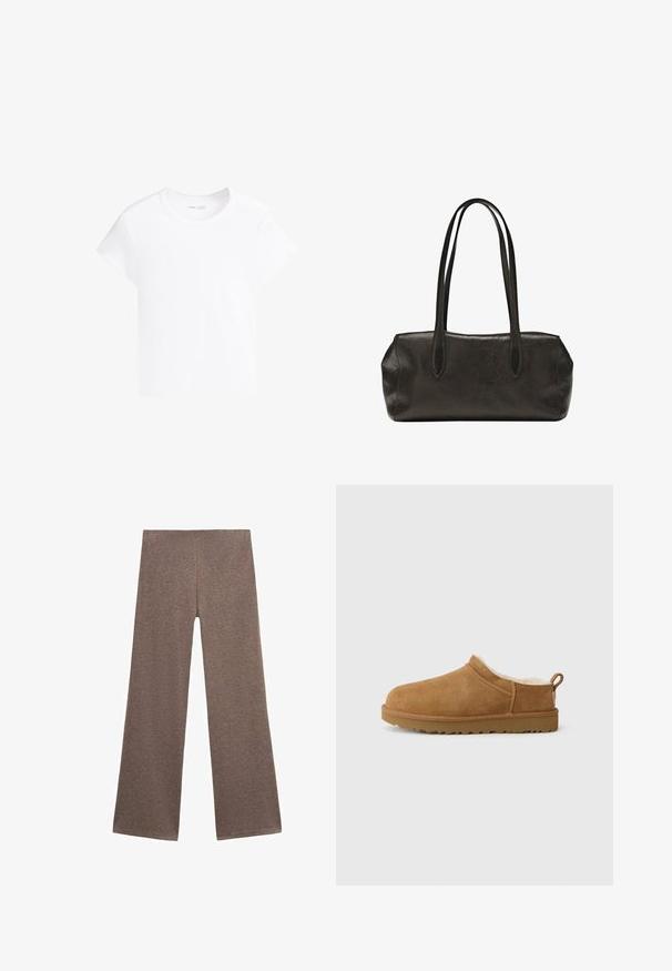 Simpel hvid kortærmet cropped t-shirt med rund halsudskæring, vist på en hvid baggrund.; Brune brede bukser lavet af blødt, tekstureret stof. Designet har en høj talje og en løs pasform, perfekt til afslappet brug.; Brune ruskind slip-on sko med blødt, hvidt pelsfor, flad gummisål, rund tå og lille trækstrop ved hælen.; Sort lædertaske i rektangulær form med lange dobbelte skulderremme og en struktureret overflade, vist mod en ensfarvet hvid baggrund.