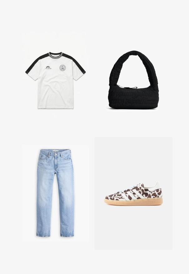 Wit T-shirt met korte mouwen met zwarte schouderstrepen, gestreepte zwarte en witte kraag en zwarte gedrukt logo op de borst.; Lichtblauwe denim jeans met een rechte pijp, vijf zakken en een middelhoge taille. Heeft een vervaagde textuur en een gestikte zoom.; Adidas sneakers met een bruin-wit koeienprint. Voorzien van witte strepen, lichtblauwe veters en een gumzool. Textuur bovenmateriaal.; Gequilted zwarte handtas met een gebogen handvat en ritssluiting. Voorzien van textuurpatronen en een zacht stofmateriaal. Compact en veelzijdig ontwerp.
