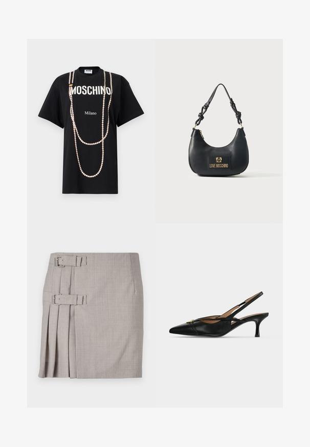 Zwart T-shirt met de tekst "MOSCHINO" en "Milano". Versierd met een print van roze parelkralen die lijken op hangende kettingen. Met korte mouwen.; Grijze rok met een gestructureerde stof, zijplooien en twee gespaccenten voor een verstelbare pasvorm. Klassieke rechte vorm, knie-lange ontwerp.; Zwarte leren slingback schoen met puntige neus, lage kittenhak en gouden gespsdetail aan de voorkant.; Zwarte leren Love Moschino handtas met gebogen vorm, geknoopte schouderband en gouden logo-plaatje aan de voorkant.