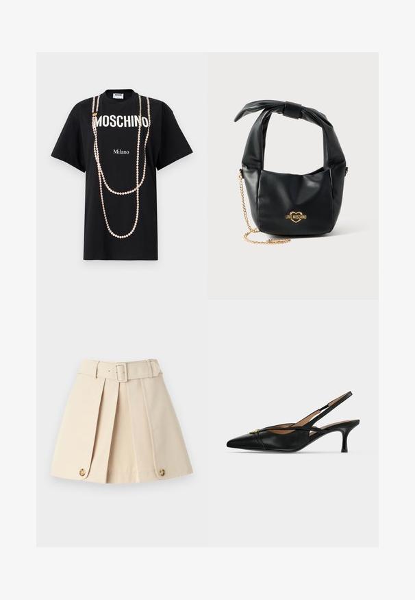 Sort T-shirt med teksten "MOSCHINO" og "Milano". Pyntet med et print af lyserøde perleagtige perler, der ligner hængende halskæder. Korte ærmer.; Beige plisseret nederdel med tætsiddende talje, brede bæltestropper og knapdetaljer i kanten. Fremstillet af glat, let materiale.; Sort læder spids slingback sko med lav killingehæl og guldbeslag foran.; Sort blød læder Love Moschino håndtaske med knyttet håndtag og guldkæde-strop på hvid baggrund.