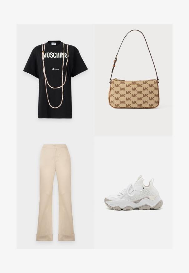Must T-särk, millel on tekstid "MOSCHINO" ja "Milano". Kaunistatud roosade pärlimustriga, mis kujutab riputatud kaelakeesid. Lühikeste varrukatega.; Bežid, kõrge vöökohaga plisseeritud püksid esipaneeli nööbiga, lamedate esipindadega ja rullitud äärtega. Sile tekstuur ja kohandatud disain.; Valged sneakeserid, millel on võrgust ülemine osa, hallid aktsendid, tekstuuriga detailid ja paks tald. Omab kõige jaoks sobivaid paelu ning mugavaks selga panemiseks kannal tõmbelinti.; Beeži ja pruuni Michael Korsi õlakott korduva "MK" logomustriga, reguleeritava tumepruuni rihmaga, ristkülikukujuline, tõmblukuga sulgumine.