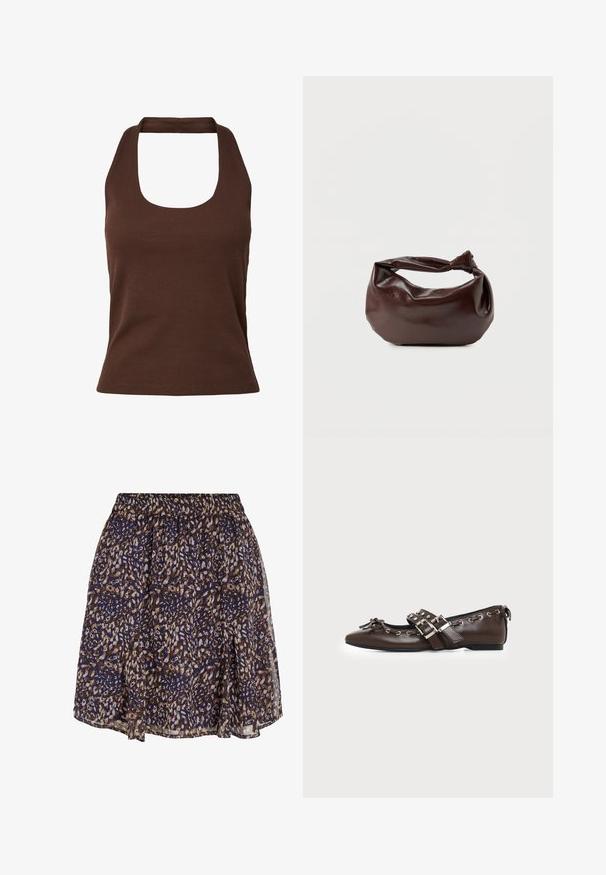 Bruin geribd mouwloos haltertopje met vierkante halslijn en nauwsluitende taille.; Korte rok met luipaardprint in marineblauw en bruin, met een elastische tailleband en lichte, licht doorschijnende stoflagen.; Donkerbruine leren platte schoen met puntige neus, dubbele zilveren gespsluitingen, metalen klinknagels en een decoratief strikje aan de voorkant.; Donkerbruine leren schoudertas met een zachte, slungelige vorm en een gedraaide knoopvormige handgreep op een effen witte achtergrond.