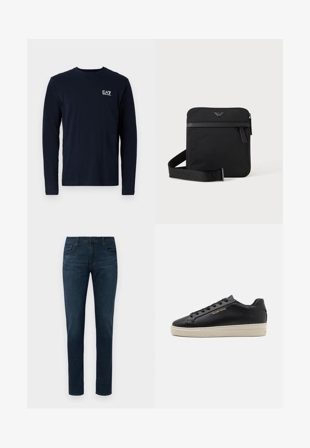 Navy langærmet t-shirt lavet af bomuld, med rund hals og et lille hvidt EA7-logo på venstre bryst. Glat tekstur.; Mørkeblå slim-fit jeans med fem lommer, frontknap og lynlås, præsenteret mod en hvid baggrund.; Sorte lædersneakers med en glat finish, kontrasterende cremefarvet sål, rund tå, guld logo på siden og seks huller til snørebånd.; Sort firkantet skuldertaske med lynlås, frontlomme og justerbar rem med præget brandnavn.
