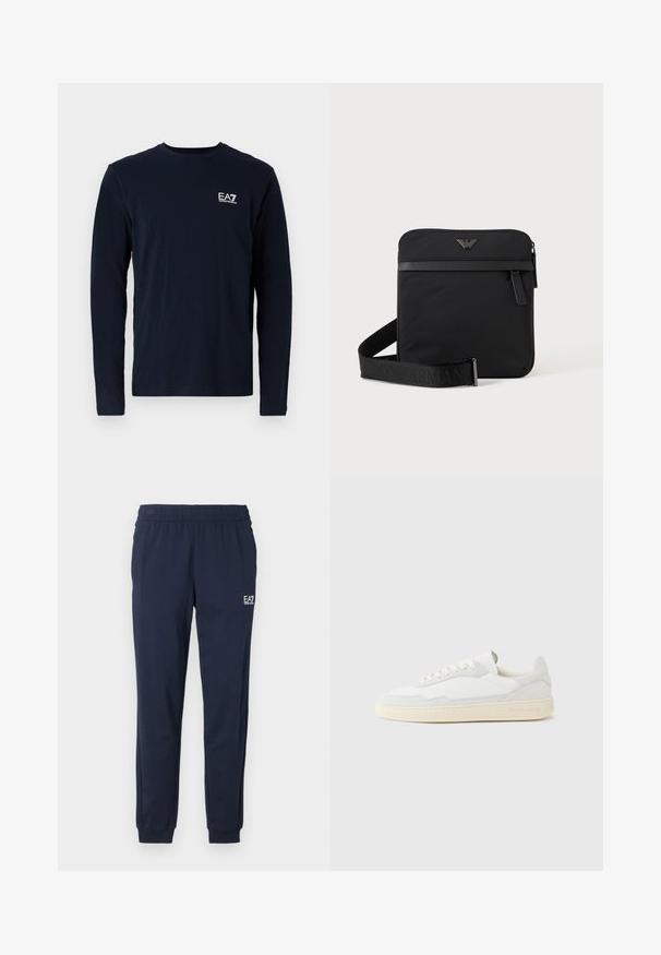 Marineblauw langemouw t-shirt van katoen, met een ronde hals en een klein wit EA7-logo op de linkerkant van de borst. Zachte textuur.; Marineblauwe sweatpants met een elastische tailleband en boorden. Voorzien van een klein wit logo op het linkerpant. Gemaakt van een zachte, rekbare stof.; Witte sneaker met een bovenwerk van gestructureerd suède en leer. Voorzien van een afgeronde neus, vetersluiting en een contrasterende beige rubberen zool.; Zwarte vierkante schoudertas met ritssluiting, voorvak en verstelbare band met geperste merknaam.
