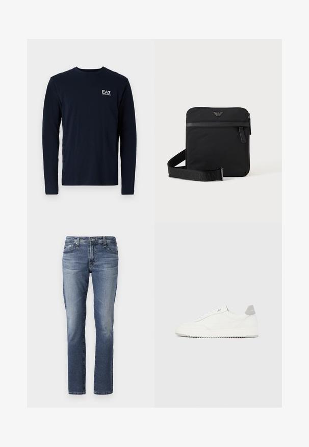 Tumesinine pikkade varrukatega T-särk, mis on valmistatud puuvillast, ümarate krae ja väikese valge EA7 logo'ga vasakul rinnal. Sile tekstuur.; Keskmise sinise värvuse denim teksad, sirge jala disainiga, õrna tuhmumisega ja klassikalise viie tasku stiiliga. Metallist komponentide detailid vööl ja taskutel.; Valge madala lõikega tennisking halli kandklambri, valgete paelte ja tekstuuriga tallaga, esitletud ühtlasel heledal taustal.; Must ruudukujuline õlakott tõmblukuga, esitasku ja reguleeritava rihmaga, millel on reljeefne kaubamärgi nimi.