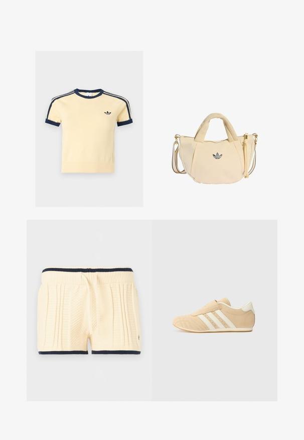 Kortærmet cremefarvet skjorte med mørkeblå rund hals, ærmekant, skulderstriber og lille mørkeblå Adidas trefoil logo på venstre bryst.; Kremfarvede strikkede shorts med navyblå kant, ribstrikket taljebånd, snøre og teksturerede lodrette mønstre foran.; Brune og creme atletiksko med overdel i glat læder, tre hvide striber på siden og en rund tå. Tekstureret overdel med perforeringer.; Lille beige skuldertaske med dobbelte håndtag og Adidas-logo i midten, der har en aftagelig striped rem og lynlås med guld accenter.