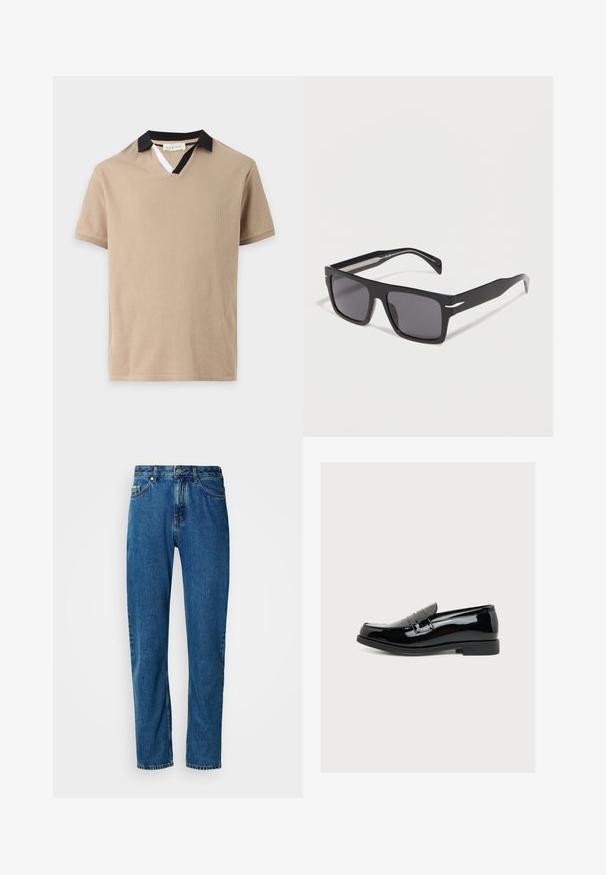 Polo beige à manches courtes avec un col noir et une petite insertion blanche sur l'ouverture en V.; Jean en denim droit bleu avec cinq poches et fermeture à bouton à l'avant sur fond blanc.; Mocassin en cuir verni noir brillant avec un petit talon et une bride sur le dessus, montré de côté sur un fond uni.; Lunettes de soleil rectangulaires noires avec montures épaisses et verres teintés foncés sur fond blanc.