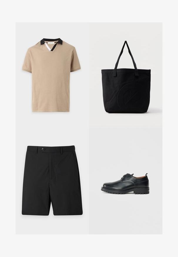 Polo beige à manches courtes avec un col noir et une petite insertion blanche sur l'ouverture en V.; Shorts noirs en tissu léger, dotés d'une fermeture à bouton, de deux poches latérales et d'une coupe droite. Texture lisse et design simple.; Chaussures derby en cuir noir avec une texture lisse, bout rond, design à lacets et une semelle en caoutchouc épaisse et robuste.; Sac fourre-tout en toile noire avec deux bandoulières et un motif circulaire discret en relief sur le devant.