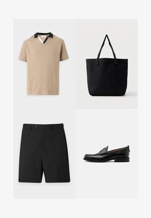 Polo beige de manga corta con cuello negro y una pequeña inserción blanca en la abertura en forma de V.; Pantalones cortos negros de tejido ligero, con cierre de botón, dos bolsillos laterales y corte recto. Textura suave y diseño sencillo.; Mocasín de hombre de piel negra con costura moc toe, tira penny, cuello texturizado y tacón bajo apilado sobre fondo blanco.; Bolsa tote de lona negra con dos correas para el hombro y un diseño circular en relieve sutil en el frente.