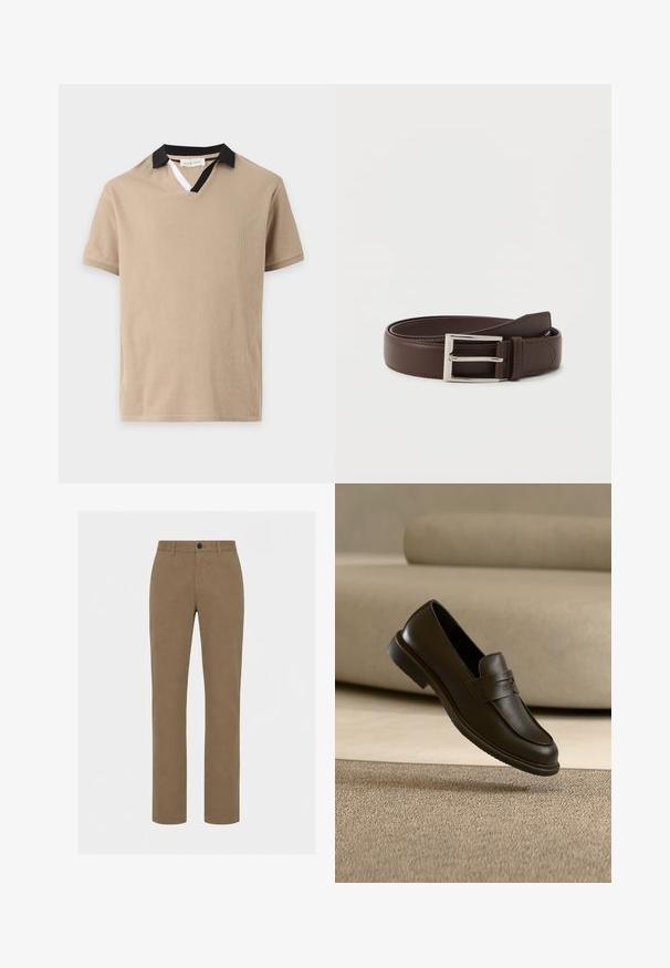 Polo beige à manches courtes avec un col noir et une petite insertion blanche sur l'ouverture en V.; Pantalon marron droit avec passants de ceinture, bouton devant et fermeture éclair sur un fond clair uni.; Un seul mocassin en cuir brun foncé flottant au-dessus d’un tapis texturé beige, avec un canapé beige flou en arrière-plan.; Ceinture en cuir marron foncé avec une boucle rectangulaire en argent, soigneusement enroulée sur un fond blanc uni.