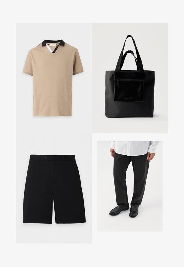 Polo beige à manches courtes avec un col noir et une petite insertion blanche sur l'ouverture en V.; Shorts noirs longueur genou avec passants de ceinture, bouton devant et fermeture éclair, présentés à plat sur un fond blanc.; Pantalons en denim noir associés à des mocassins noirs brillants. La chemise est blanche avec de fines rayures verticales, avec des manches longues et un col boutonné.; Sac cabas noir avec poche zippée à l'avant et double poignée, posé sur un fond clair uni.