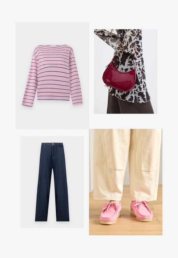 Langarm roze shirt met horizontale, dunne donker- en lichtpaarse strepen, een ronde hals en een losse pasvorm.; Donkerblauwe wijde spijkerbroek met knoop- en ritsluiting, riemlussen en zichtbare stiksels op zakken en naden.; Roze suède moccasin-stijl schoenen met veters, voorzien van een gestructureerd oppervlak en een lichtbeige rubberen zool, gecombineerd met beige broek.; Vrouw met een zwart-wit gebloemde blouse houdt een glanzende rode schoudertas vast tegen een effen achtergrond.
