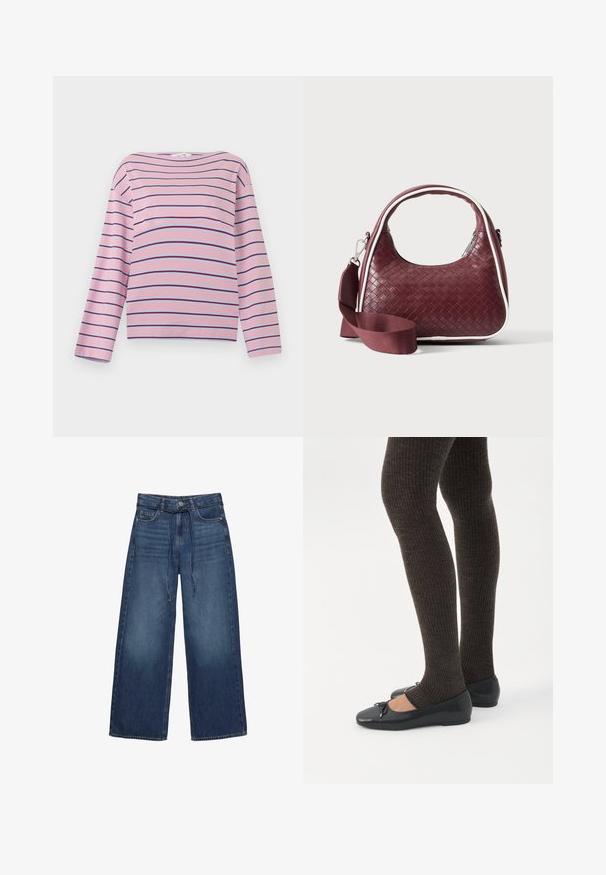 Chemise rose à manches longues avec des rayures horizontales fines de couleur violet foncé et clair, col rond et coupe décontractée.; Jean en denim à jambes larges de couleur bleu foncé, avec une taille ajustée, des passants de ceinture et une fermeture à bouton à l'avant. Texture lisse avec un léger délavage.; Jambes portant des leggings côtelés foncés associés à des ballerines noires avec de petits détails en nœud sur fond blanc.; Sac à main en cuir tressé marron foncé avec poignée courbée, garniture blanche, fermeture éclair argentée et bandoulière large en tissu amovible sur fond uni.