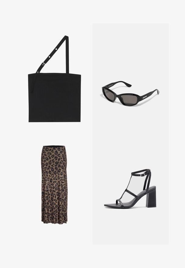 Sort ribbet tanktop med en justerbar strop, der har metalhardware. Enkelt design med en lige halsudskæring og glat tekstur.; Leopardprint nederdel i brune og sorte nuancer, med et flydende design og en subtil flæsekant, fremstillet af et let og blødt stof.; Sorte hælede sandaler med firkantet tå og blokhælb. Har tynde stropper og en justerbar ankelspænde. Glat læderoverflade.; Sorte solbriller med rektangulært stel, mørke linser, glat plastmateriale og en metalaccent på templet.