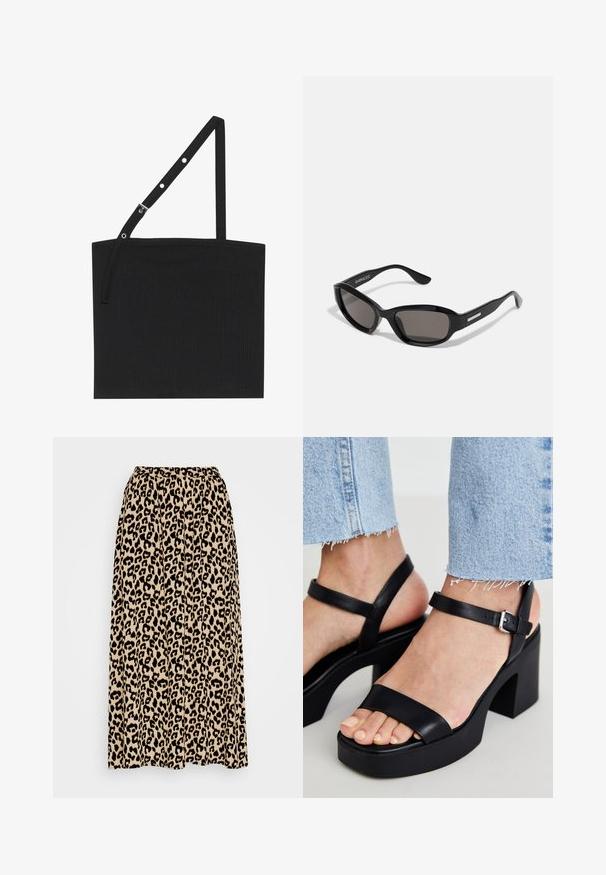 Sort ribbet tanktop med en justerbar strop, der har metalhardware. Enkelt design med en lige halsudskæring og glat tekstur.; Leopartrykt midi-nederdel i beige og sort. Har en elastisk talje og en plisseret design for øget bevægelse og pasform.; ALDO CELIE - Højhælede sandaletter / Højhælede sandaler - black; Sorte solbriller med rektangulært stel, mørke linser, glat plastmateriale og en metalaccent på templet.
