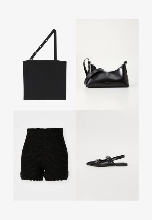 Schwarzes, geripptes Tanktop mit einem verstellbaren Träger und Metallbeschlägen. Einfaches Design mit geradem Ausschnitt und glatter Textur.; Schwarze Häkelshorts mit geripptem Muster, hohem Bund und gewelltem Saum. Entworfen für eine figurbetonte Passform und aus atmungsaktivem Material.; Even&Odd by Zalando Sling-Ballerina - black; Schwarze lederne Handtasche mit glatter Textur. Verfügt über einen verstellbaren Riemen und ein elegantes, minimalistisches Design mit einem Reißverschluss.