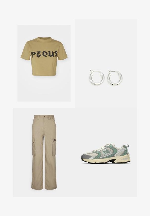 Khaki katoen crop t-shirt met een zwart grafisch ontwerp van het woord "PECUS" in een vet, versleten lettertype. Korte mouwen en een ronde hals.; Beige cargobroek gemaakt van duurzame stof, met een relaxte pasvorm, meerdere zijzakken en een elastische tailleband met knoopsluiting.; Witte en lichtgroene New Balance sport sneaker met mesh stof, beige zool en zwarte loopzool, zijaanzicht op een effen achtergrond.; Zilveren oorbellen in de vorm van een ring met een gepolijste afwerking, met een cirkelvorm en een scharnierende postsluiting. Glad oppervlak met minimale details.
