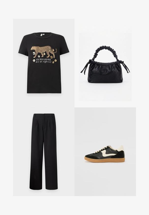 Camiseta de algodón negra con un diseño de estampado de leopardo y acentos dorados. Presenta el texto "MANTENTE SALVAJE Y LIBRE pero sé diferente" debajo.; Pantalones anchos negros con pliegues, cintura alta, cierre de botón y textura de tela suave. No hay bolsillos visibles en el diseño.; Zapatillas de deporte de ante y cuero negro con un swoosh lateral en crema y un talón en crema claro. Presenta cordones beige y una suela de goma marrón.; Bolso negro con textura de cocodrilo, borde superior fruncido, asa recogida y cordones con borlas en cada lado sobre un fondo blanco.