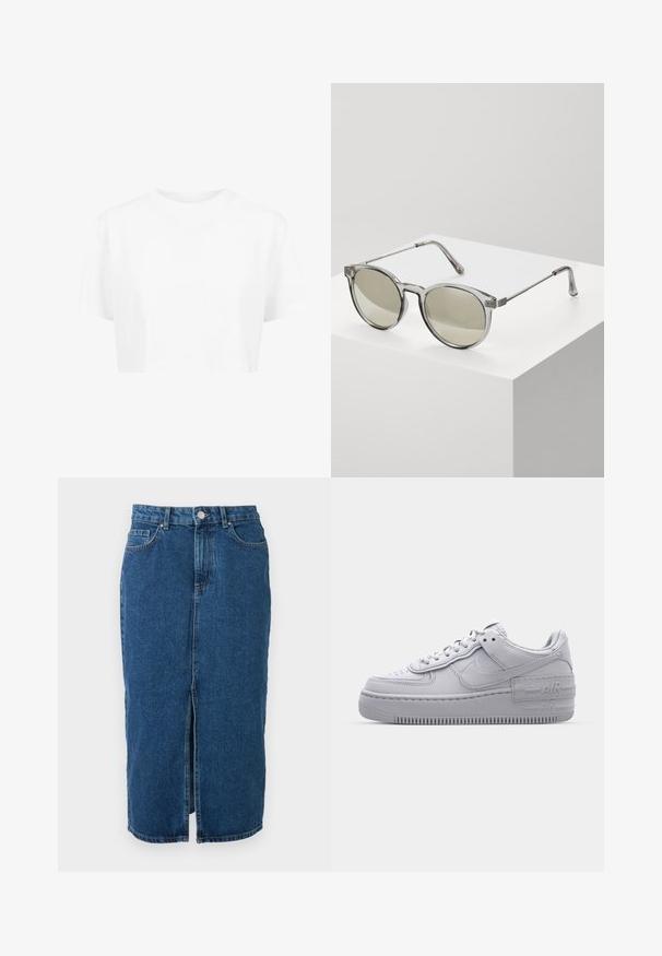 Weißes, kurzes T-Shirt mit kurzen Ärmeln und rundem Halsausschnitt, aus glattem Stoff, ohne sichtbare Muster oder auffällige Hardware.; Midilanger blauer Denimrock mit mittigem Frontschlitz, Gürtelschlaufen, Vordertaschen und Knopfverschluss in der Taille.; Graue Nike Air Force 1 Sneaker mit perforierter Zehenpartie, Obermaterial aus glattem Leder, dicker Sohle und geprägtem 'AIR'-Detail an der Ferse.; Runde Sonnenbrillen mit transparenten grauen Fassungen und grau getönten Gläsern. Metallakzente an den Bügeln und gebogene Arme für Stabilität.
