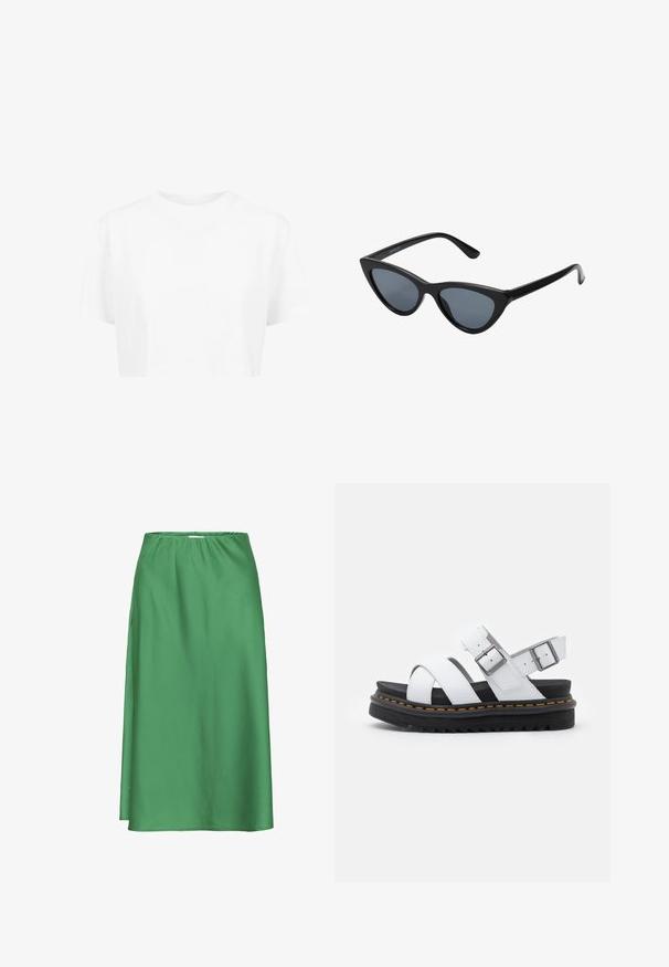 Camiseta blanca corta, de mangas cortas, con cuello redondo, hecha de una tela suave, sin patrones visibles ni herrajes distintivos.; Falda de satén verde con cintura elástica, de longitud media, textura lisa y un diseño sencillo y fluido sin patrones ni detalles visibles.; Sandalias de cuero blancas con correas ajustables con hebilla, suela de plataforma negra en capas y detalle de costura naranja a lo largo del borde.; Gafas de sol negras en forma de ojo de gato con lentes gris oscuro, marco de plástico elegante, esquinas puntiagudas y patillas rectas. Sin herrajes ni acentos visibles.