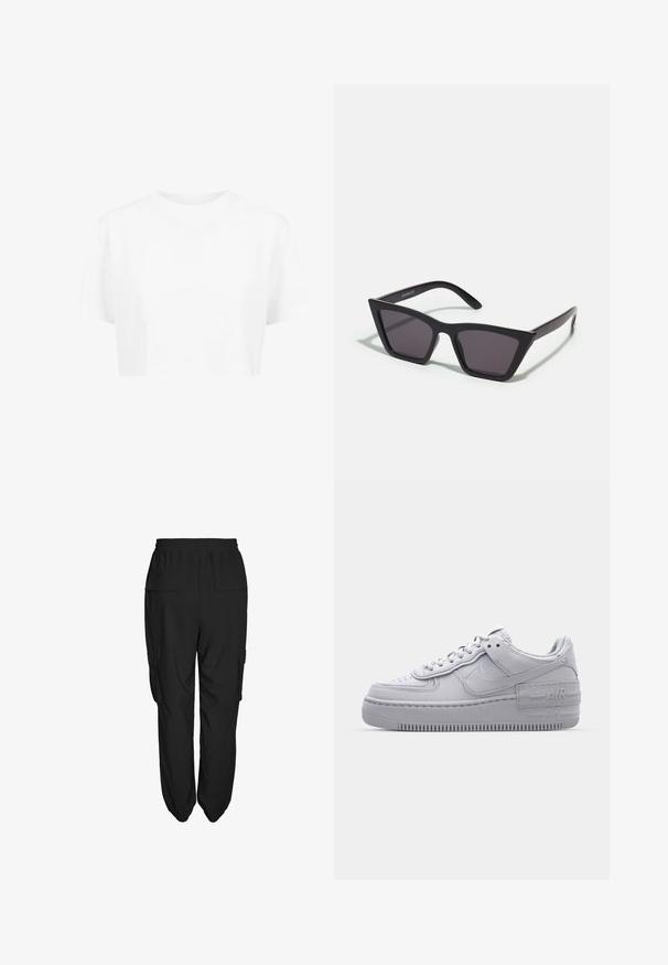 T-shirt blanche raccourcie, à manches courtes, col rond, en tissu lisse, sans motifs visibles ni quincaillerie distincte.; Pantalons cargo noirs avec une coupe décontractée, dotés d'une taille élastique, de deux poches latérales et de deux poches arrière. Tissu léger, texture lisse.; Basket en cuir lisse gris Nike Air Force 1 avec un bout perforé, une semelle épaisse et un détail 'AIR' en relief sur le talon.; Lunettes noires angulaires avec des verres gris ; fabriquées en plastique, avec des branches épaisses à la surface lisse et sans matériel visible.