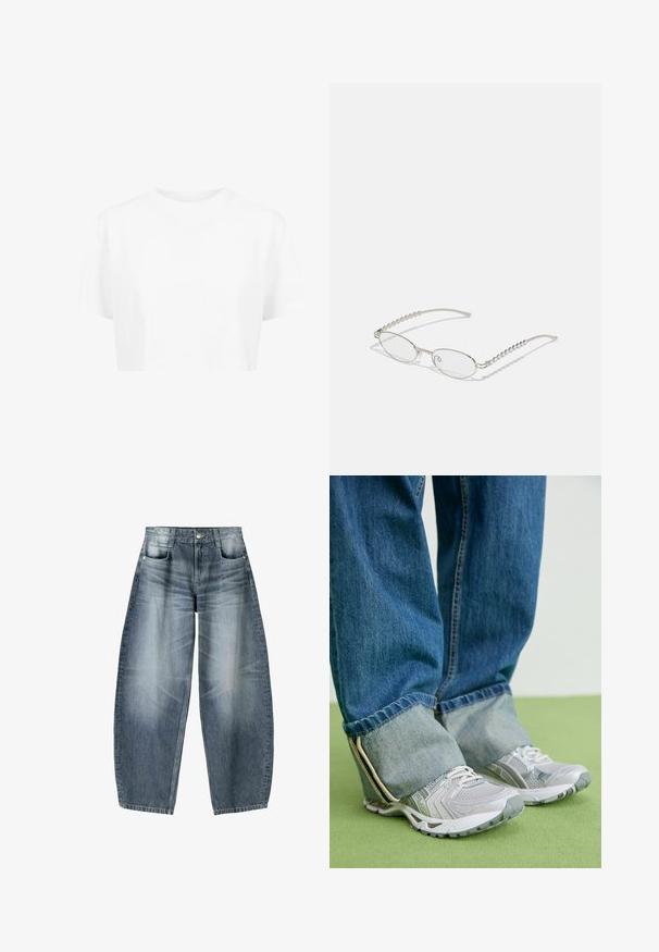 Witte cropped t-shirt, korte mouwen, ronde halslijn, gemaakt van gladde stof, zonder zichtbare patronen of opvallende hardware.; Wijd gesneden jeans van lichtblauwe denim met vervaging, met een vijf-pocket ontwerp, knoopsluiting en minimale stikdetails.; Grijze sportieve schoenen van mesh materiaal met witte accenten, in combinatie met blauwe denim jeans die aan de enkels zijn omgeslagen.; Ovale brillen met een metallic zilveren montuur, heldere glazen en getextureerde kraalaccenten op de tempels. Lichtgewicht ontwerp met gebogen armen.