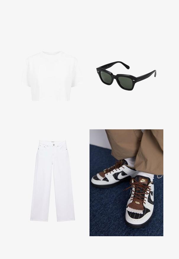 Hvid cropped t-shirt, korte ærmer, rund halsudskæring, lavet af blødt stof, uden synlige mønstre eller distinkt hardware.; Hvide jeans med høj talje og vide ben med knap- og lynlåslukning, for- og baglommer samt sølvfarvede nitter som detaljer.; Nike sneakers med hvide, sorte og brune materialer. Har en tekstureret brun klaff, stribet design og traditionel snøring med guld accenter.; Sorte firkantede solbriller med mørkegrønne linser, der har kraftige stel og sølvdetaljer på siderne. Fremstillet i Italien.