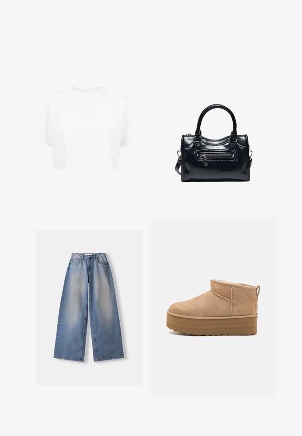 Hvid cropped t-shirt, korte ærmer, rund halsudskæring, lavet af blødt stof, uden synlige mønstre eller distinkt hardware.; Lyseblå vidde jeans med falmet front, fem-lomme stil, knap- og lynlåslukning, lagt fladt på en hvid baggrund.; Beige ruskinds ankelstøvler med et blødt indre, der har en platformssål og en strop bagpå for nem påtagning. Tekstureret gummisål.; Sort skinnende læderhåndtaske med to håndtag, lynlåslomme foran og aftagelig skulderrem på hvid baggrund.