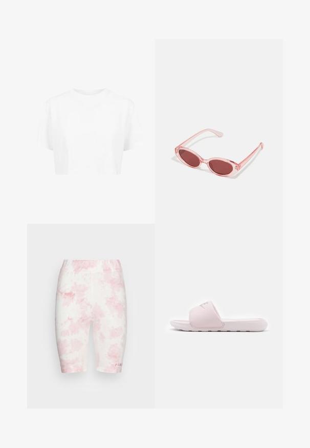 Camiseta blanca corta, de mangas cortas, con cuello redondo, hecha de una tela suave, sin patrones visibles ni herrajes distintivos.; FUBU CORPORATE TIEDYE CYCLING - Shorts - pink; Sandalia de slide rosa con una suela de goma flexible, tirante acolchado y diseño minimalista. Presenta un logo en la tira y textura suave.; Gafas de sol transparentes rosas con lentes ovalados, tinte rojo oscuro y varillas delgadas, con un acabado suave y detalles sutiles en la montura.