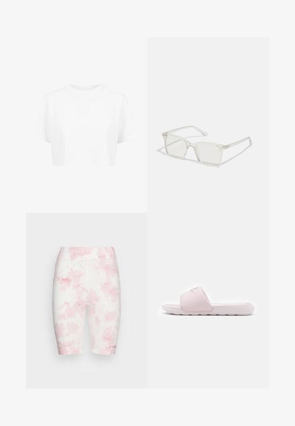 Camiseta blanca corta, de mangas cortas, con cuello redondo, hecha de una tela suave, sin patrones visibles ni herrajes distintivos.; FUBU CORPORATE TIEDYE CYCLING - Shorts - pink; Sandalia de slide rosa con una suela de goma flexible, tirante acolchado y diseño minimalista. Presenta un logo en la tira y textura suave.; Gafas cuadradas de plástico transparente con lentes translúcidos, que cuentan con acentos dorados en las patillas para un detalle adicional.
