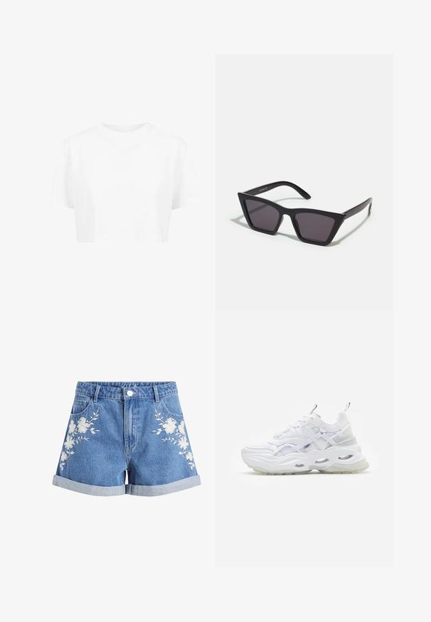Hvid cropped t-shirt, korte ærmer, rund halsudskæring, lavet af blødt stof, uden synlige mønstre eller distinkt hardware.; Blå denimshorts med opsmøgede kanter og hvid blomsterbroderi på begge forstykker, med bæltestropper og forlommer.; Hvide sneakers med en kraftig sål, lagdelt mesh og syntetisk overdel, med mønstrede detaljer, snøresystem og hæl-dragtag.; Sorte, kantede solbriller med grå linser; lavet af plast, med tykke stænger med en glat overflade og ingen synlig hardware.