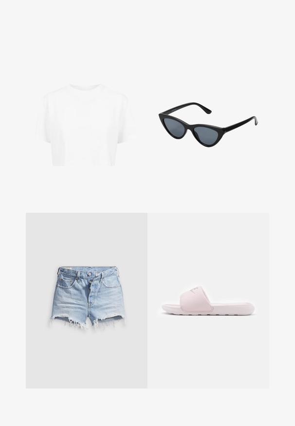 T-shirt blanche raccourcie, à manches courtes, col rond, en tissu lisse, sans motifs visibles ni quincaillerie distincte.; Shorts en denim bleu clair avec bords effilochés, cinq poches et fermeture à boutons. La texture est douce avec un aspect légèrement usé.; Sandale en slide rose avec une semelle en caoutchouc flexible, une lanière rembourrée et un design minimaliste. Présente un logo sur la lanière et une texture lisse.; Lunettes de soleil noires en forme d'œil de chat avec des verres gris foncé, monture en plastique élégante, coins pointus et branches droites. Pas de métal visible ni d'accents.