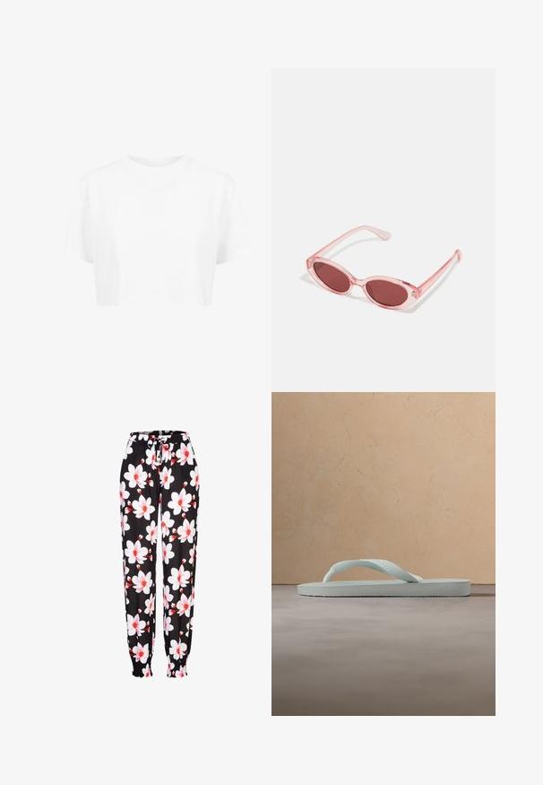 Camiseta blanca corta, de mangas cortas, con cuello redondo, hecha de una tela suave, sin patrones visibles ni herrajes distintivos.; Pantalones de tela negra con patrón floral en blanco y rojo, con cintura elástica y cordón ajustable, y puños fruncidos. Material ligero.; Sandalia tipo chancla de goma beige claro con plantilla texturizada y correa en forma de Y sobre un fondo gris liso.; Gafas de sol transparentes rosas con lentes ovalados, tinte rojo oscuro y varillas delgadas, con un acabado suave y detalles sutiles en la montura.